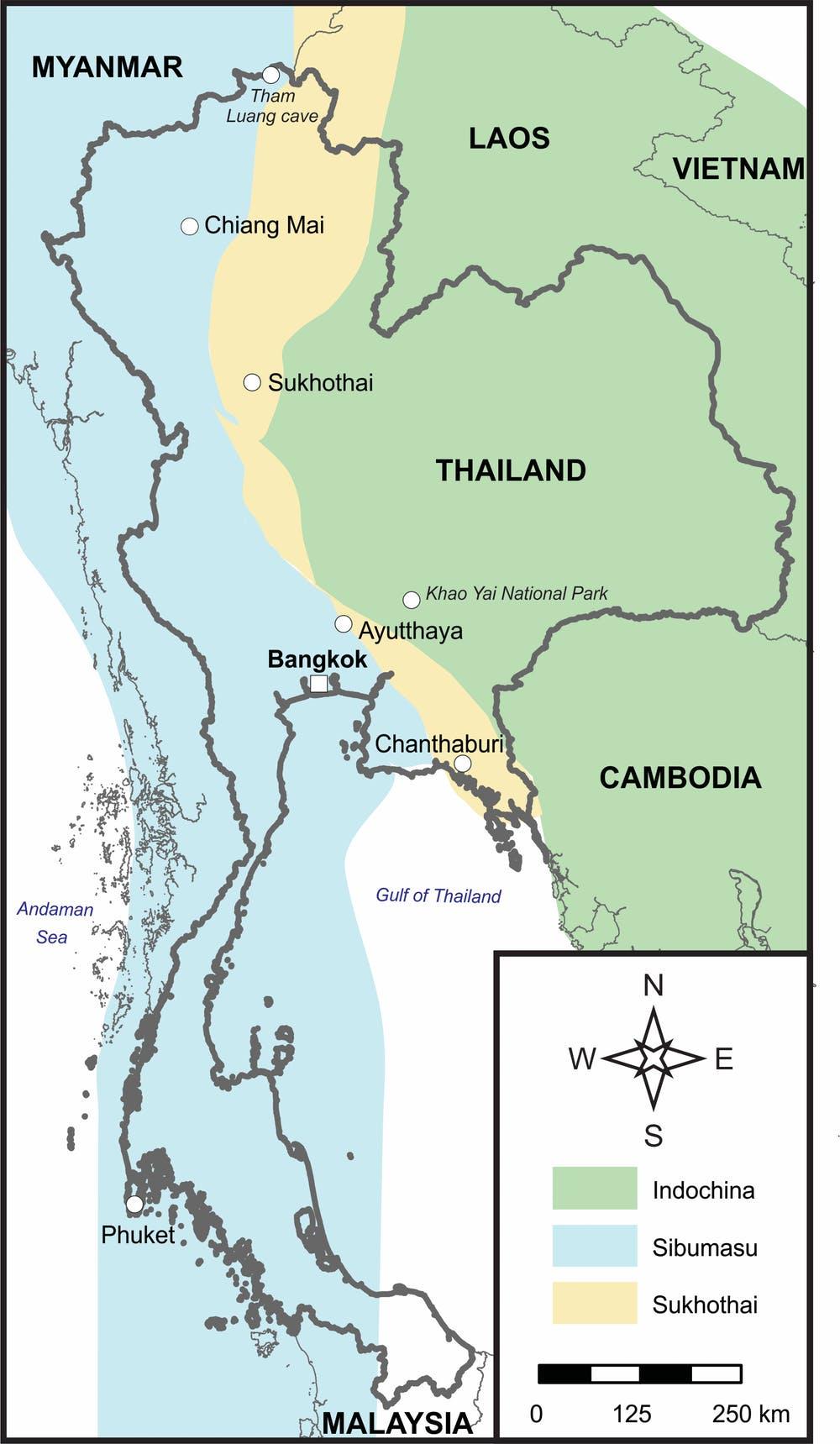 Map of Thailand including the three main blocks (Sibumasu, Sukhothai and Indochina), major cities and landmarks. Romana Dew